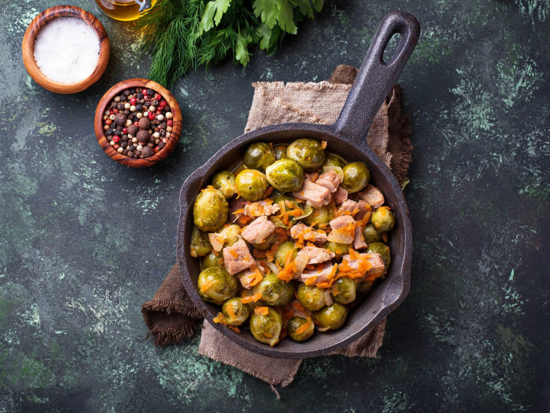 Roasted Brussels sprouts in a cast iron pan