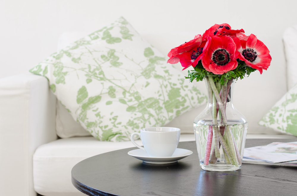 A vase with red flowers and a tea cup sit on a coffee table